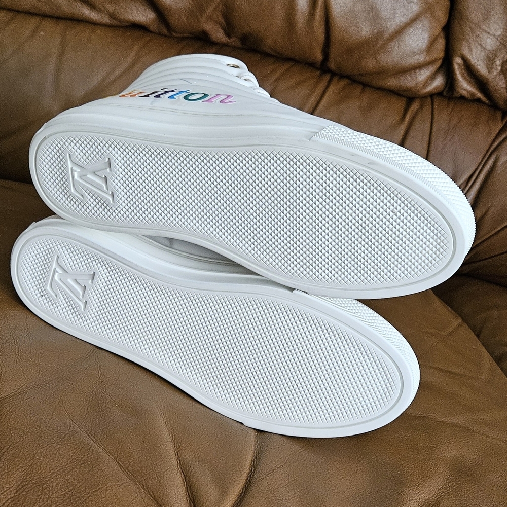 Women's Louis Vuitton White Leather Rainbow Logo Hightop Sneakers Size 6.5 US - Picture 13 of 16